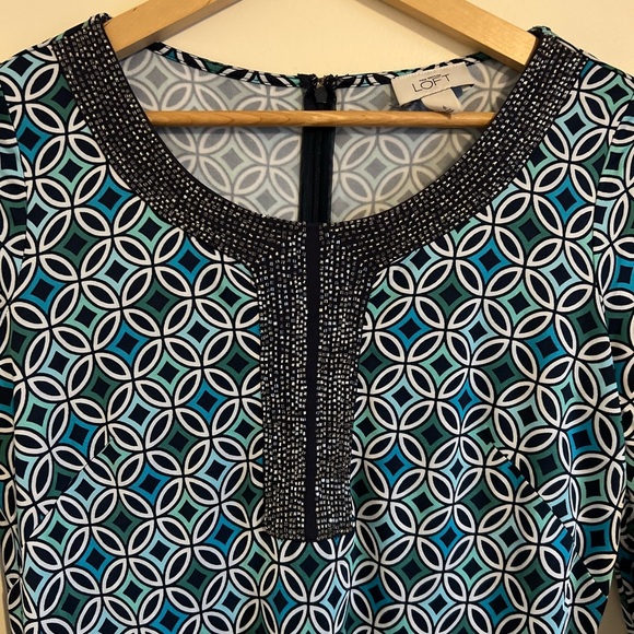 Ann Taylor LOFT Women Shift Dress 6 Blue Beads Preppy Casual Mandala Work Modest - Picture 4 of 17